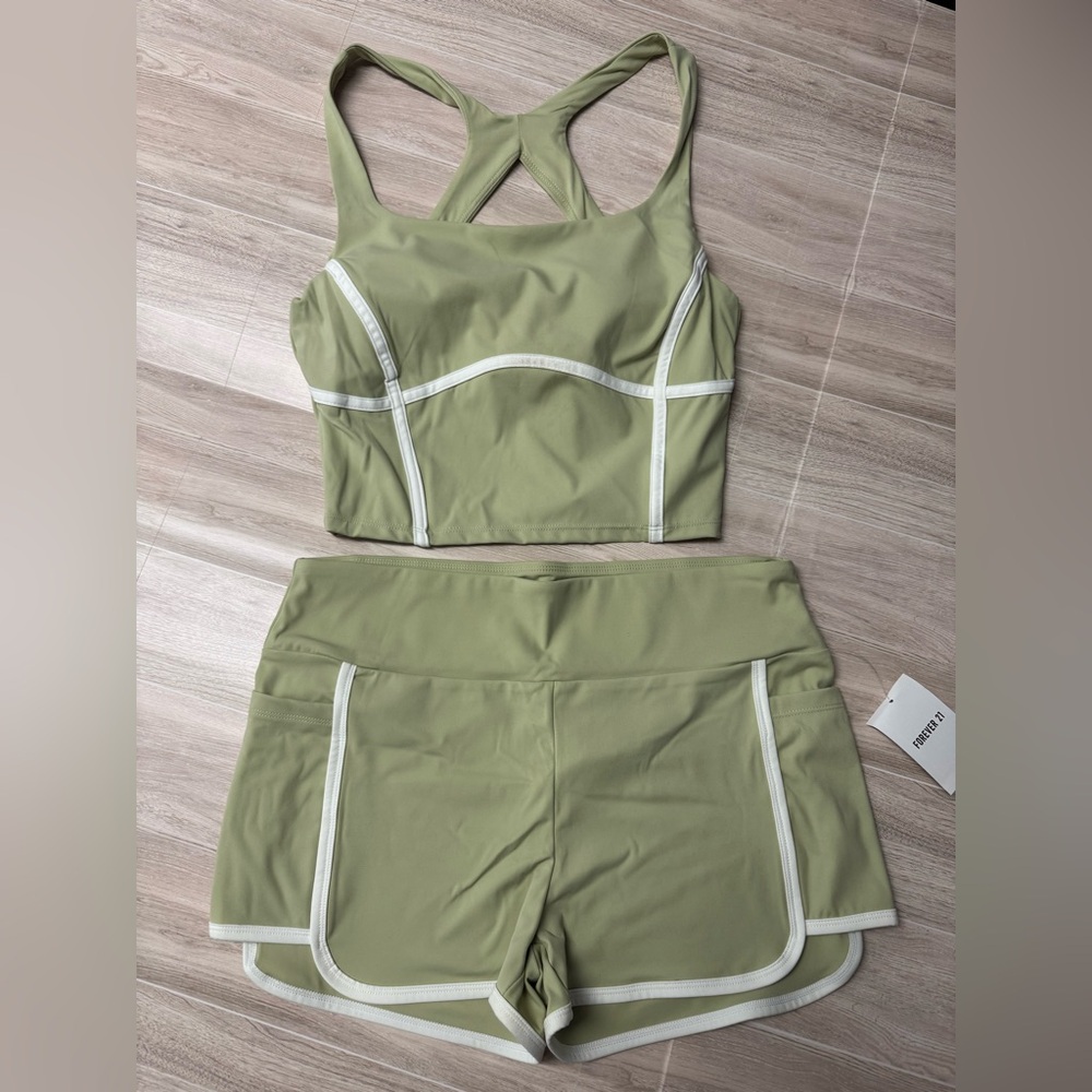 Forever 21 Olive Green Sports Crop Top & Matching Shorts with White Trim